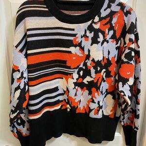 Nine West Floral and Striped Sweater - Black, Orange, White